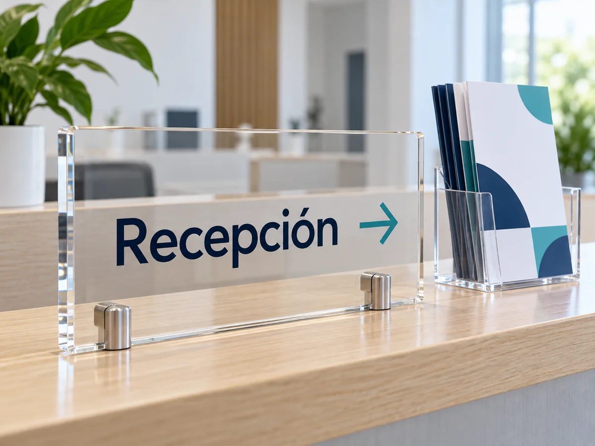 Ejemplo de placa de recepción y portafolletos de acrílico