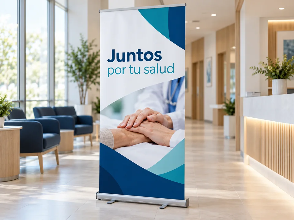 Ejemplo de roll up institucional con gráfica para una sala de espera