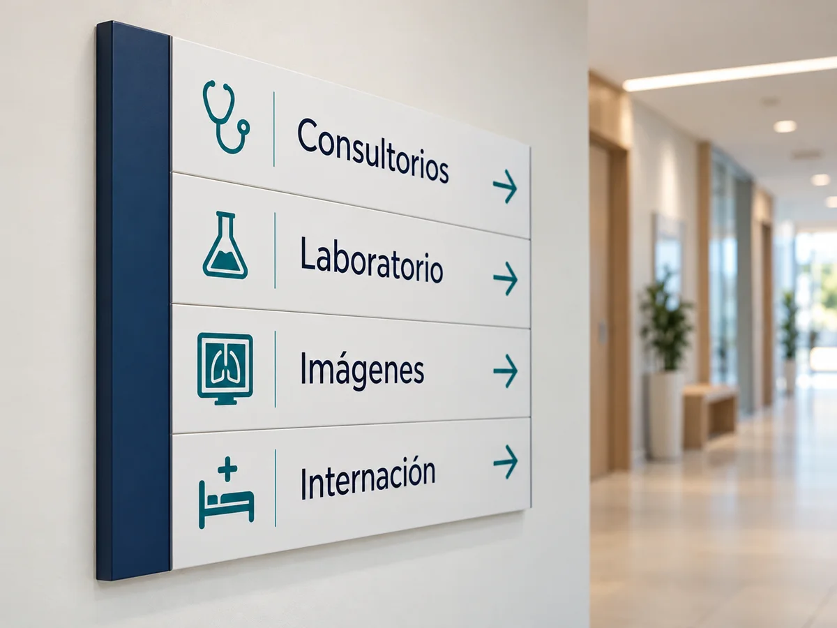 Ejemplo de señalética direccional para consultorios, laboratorio, imágenes e internación